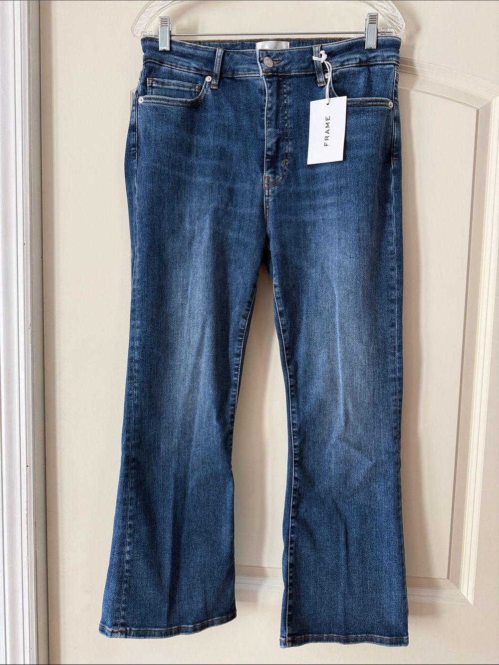 Frame Denim Mid Wash Flare Jeans in Blue